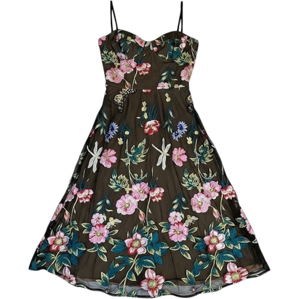 Dress the Population Carlita Butterfly Embroidered Midi Dress Black Multi Size M